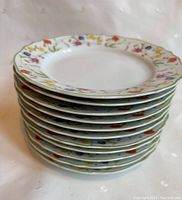 Stacked view showing all 11 floral patterned plates with green scalloped rims.