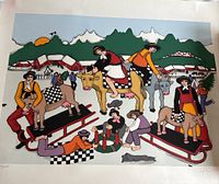 Full view of the colorful signed limited edition art print showing folk art style scene with people on sleds and wooden horses in a snowy village.