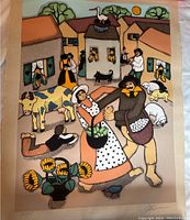 Full view of the colorful signed and numbered art print depicting a folk village scene with dancing couple and animals.