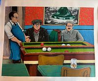 Full view of the signed art print showing three men and the billiards table scene.