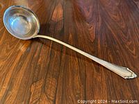 Full view of large silver ladle showing bowl and handle on wooden surface.