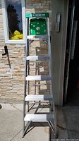 Front view of Featherlite aluminum ladder showing five steps and green top tool tray.