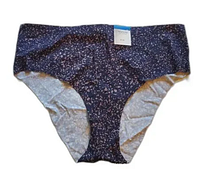 Front view of the Alfani laser-cut hipster underwear in dark blue with small abstract animal print, size XL with tag visible.