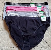 Four pairs of women's underwear laid out flat to show colors and labels