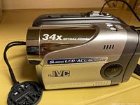 Side view of the JVC digital video camera showing 34x optical zoom, sliding LCD label, and JVC brand name.