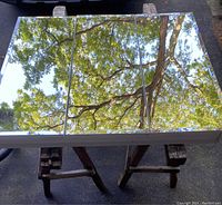 Front view of the 3 section medicine cabinet with mirrored doors displaying a clear reflection of trees above. Shows overall shape and condition including the crack in the top right corner.
