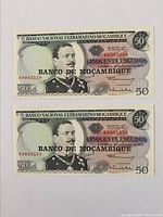 Front of two consecutive Mozambique 50 Escudos notes