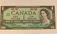 Front side of 1967 Canadian Centennial One Dollar Banknote showing Queen Elizabeth II and centennial markings