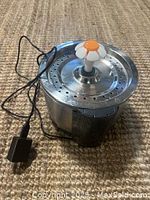 Photo of a stainless steel cat water fountain with a flower-shaped spout and a USB power cord resting on a carpeted floor.