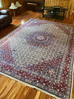 Top-down view showing full rug laid out on hardwood floor with medallion pattern