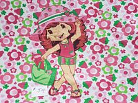 Close-up of Strawberry Shortcake character on cotton towel with floral and strawberry background pattern.