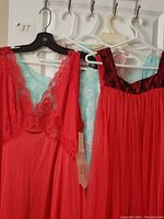 Photo of six vintage nightgowns in assorted colors and styles hanging on hangers, showcasing lace trim and original Vanity Fair tag.