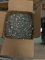Open cardboard box filled with silver, electro-galvanized roofing nails showing flat heads and long shanks.