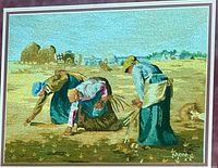 Close-up of embroidered textile showing detail of three women gleaning in a field, signature visible