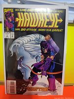 Front cover photo of Hawkeye #1 comic book showing main character and title.