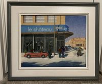 Framed oil painting titled 'Le Chateau' depicting an urban street scene with a storefront, red car, and pedestrians on Rue St Denis, Montreal.