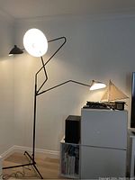 Full view of the floor lamp showing the black metal frame, tripod base, and the two lamp shades on articulated arms lighting up.