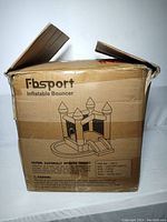 Front of Fbsport Inflatable Bouncer cardboard box showing product graphic and caution label