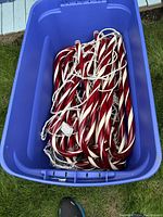 Blue bin filled with 24 red and white striped candy cane decorations with attached white string lights.