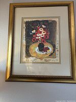 Framed and matted art print titled "Red Flowers With Cherries" by Alexander Wissotzky showing full artwork and gold frame.