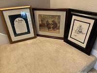 Three framed artworks together showing Irish Blessing poem, Dancing Bears print, and Prospector sketch.