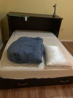 Cabinet bed in open position with mattress and pillow.