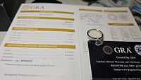 GRA certificate sheet showing grading results and ring and GRA warranty card beside it