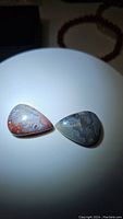 Two polished Crazy Lace Agate stones side by side on a white surface, highlighting their teardrop shapes and distinct patterns.