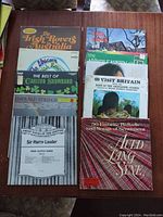 Photo of assorted vinyl records, mostly Irish themed, laid out on a wooden table.