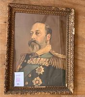 Full view of antique framed print of Edward VII showing overall condition and framing.