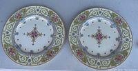 Two Royal Worcester dinner plates with ornate handpainted floral and scroll design, no chips or cracks