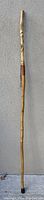 Full length photo of the 6 foot long varnished wood hiking stick showing its slender form and natural wood grain.