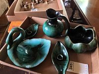 Full set of Blue Mountain Pottery items: two candle holders, swan figurine, pitcher, flower bowl.