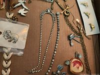 Close-up photo showing rhinestone necklace, pins shaped like animals, key and dragonfly pendants, leopard-shaped brooch, and an autumn leaf pendant.