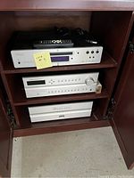 Lexicon CD player, Rotel processor and Bryston power amp in cabinet shelves