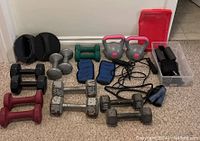 Photo showing the full lot with various hand weights including dumbbells, kettlebells, wrist/ankle weights, hand grips, and jump rope on carpeted floor.