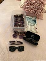 Additional sunglasses including a pair in a black hard protective case labeled 'Synergy Medical Fund'. Scarves with blue butterfly and pink rose designs placed beside the bin.