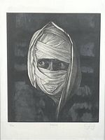 Close-up of the signed etching showing detailed portrait in black and white, numbered 7/20, with the title 'Kirkuk'.