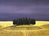 Close-up of the artwork showing the farmland with dark green trees and purple sky.