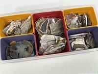 Top view of the storage container showing five compartments filled with polished geode and mineral specimens of varying sizes and shapes, featuring natural banding and colors.