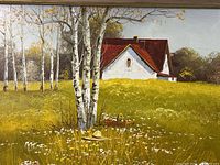 Close view of the painting details showing the house, birch trees, yellow meadow, and wildflowers.