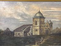 Close view of the painting artwork showing detailed mission building with cloudy sky and some paint surface cracking.