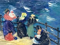 Close-up of the painting showing four women and two children on a deck by the sea with dynamic brush strokes and colors