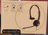 Box front showing the modular headset system with boom module, binaural and monaural headband options, with an image of monaural headset with boom mic.
