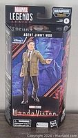 Front of box showing Marvel Legends Series Wanda Vision Agent Jimmy Woo figure with Build A Figure Khonshu label.