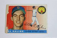 Front of the 1955 Topps Al Kaline baseball card #4 showing the player's portrait and batting pose along with Detroit Tigers team logo. The card has visible wear, creases, and edge damage.