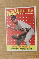 Front of the 1958 Topps Luis Aparicio Sports Magazine All Star Selection baseball card showing player image and details