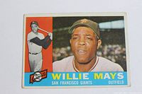 Front of 1960 Topps Willie Mays card showing color portrait, team name and card number