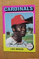 Front view of 1975 Topps Lou Brock baseball card featuring colorful team name and portrait of Brock in Cardinals cap.