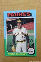 Front of the 1975 Topps Willie McCovey baseball card showing player in San Diego Padres uniform with clear team and name text.